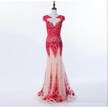 Red Jewel Cap Sleeve Sexy See Through Turkish Sequin Bead Embroidered Evening Dress without Train
